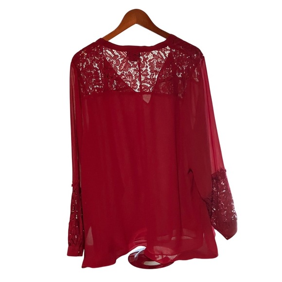 City Chic XL Lace Trim Long Sleeve Blouse Red Semi-Sheer Button Cuff - Picture 4 of 7